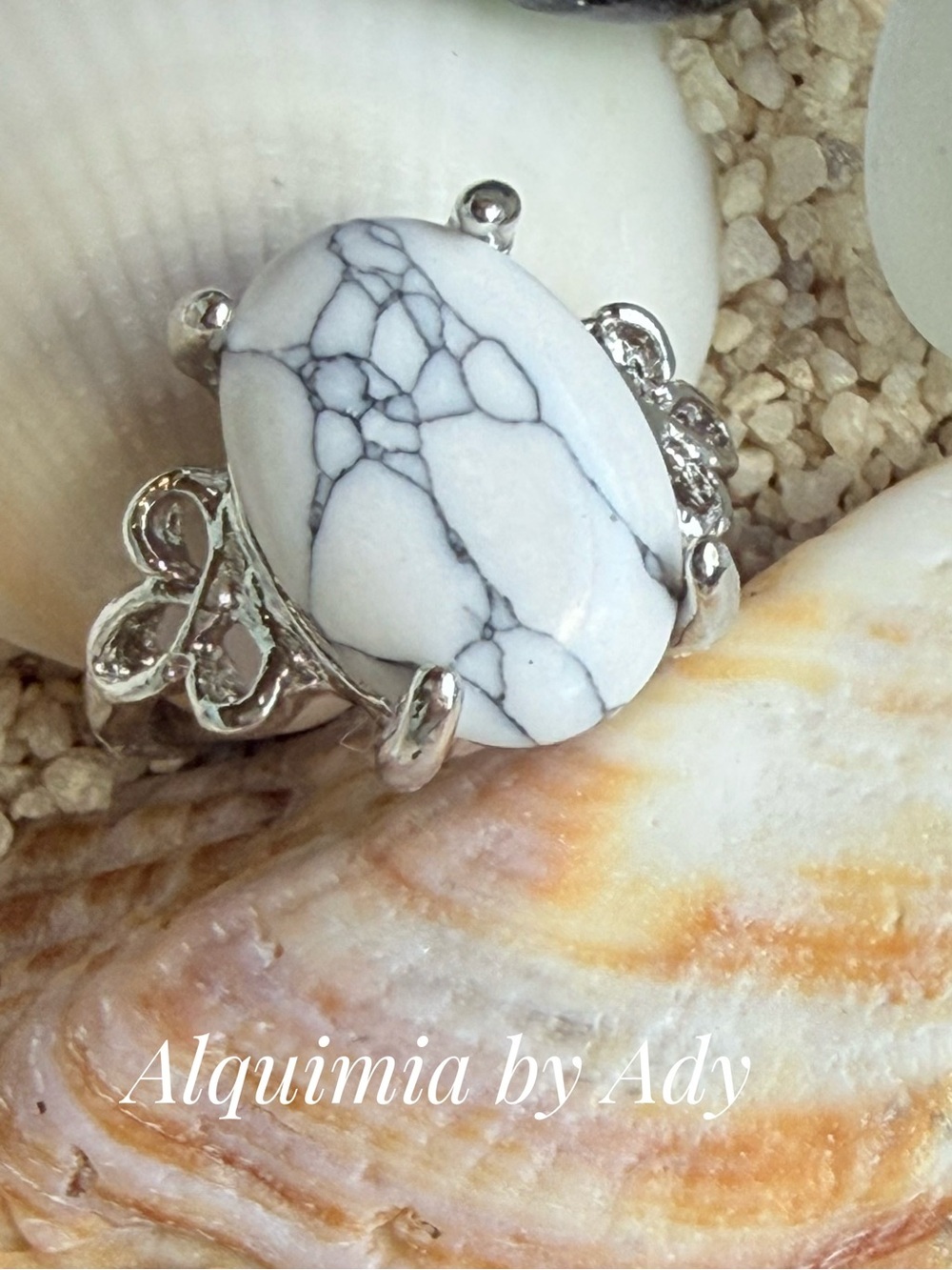 BOHO + White howlite and silver gem ring